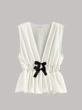 V-Neck Gathered Waist Bow-Detail Top